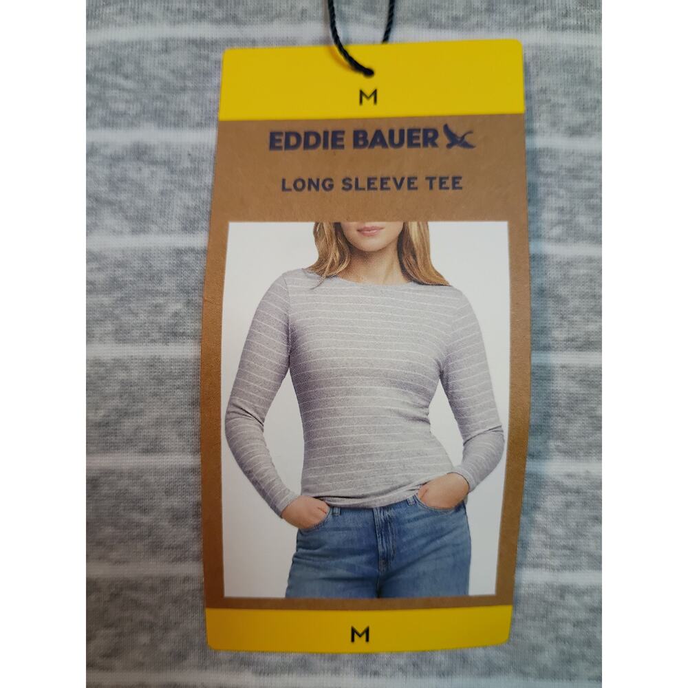 Eddie Bauer women Gray Striped Cotton Knit Long Sleeve T-Shirt M NWT - Picture 2 of 8